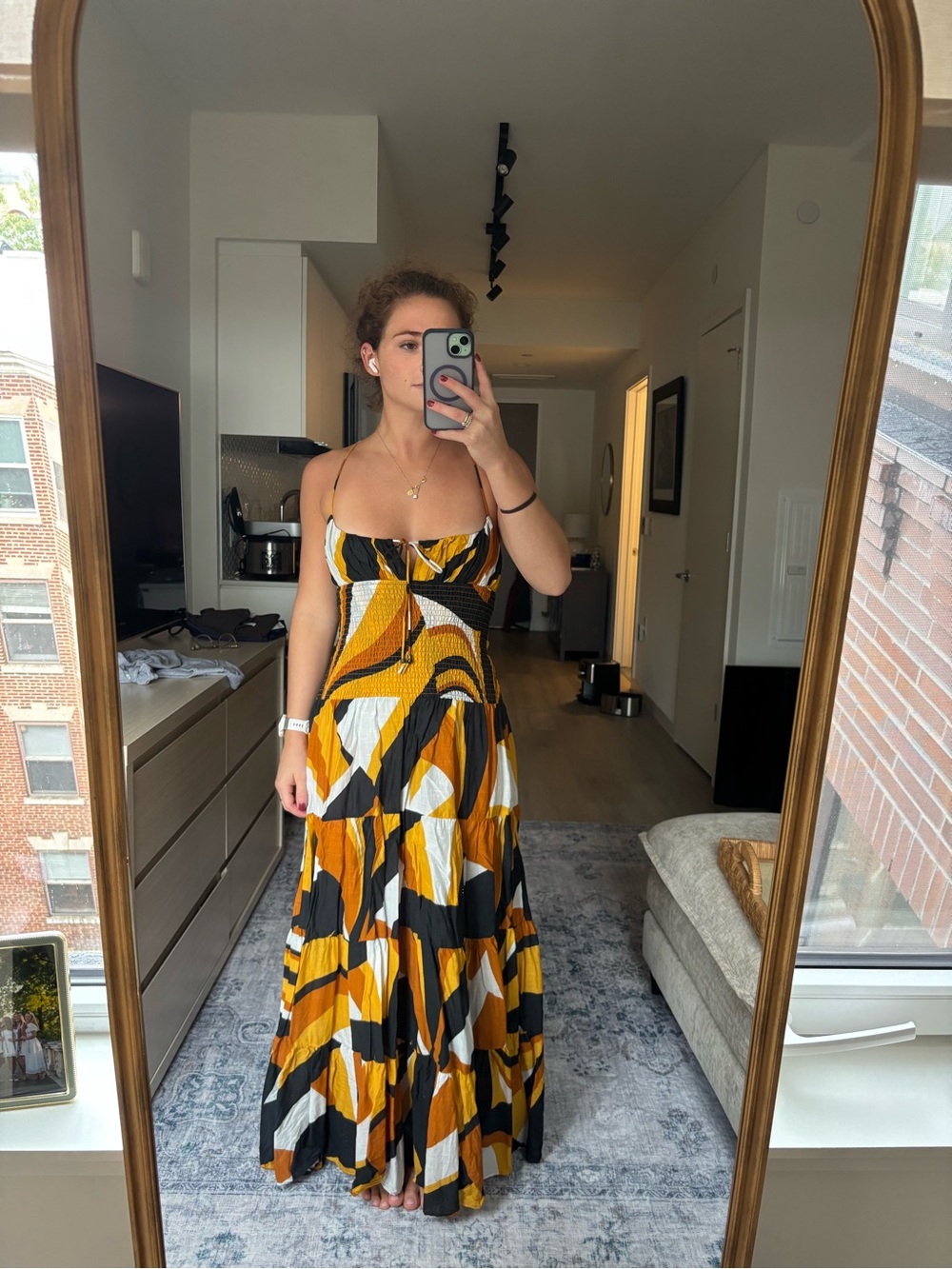 Anthropologie Yellow Black White Abstract Print Maxi Dress